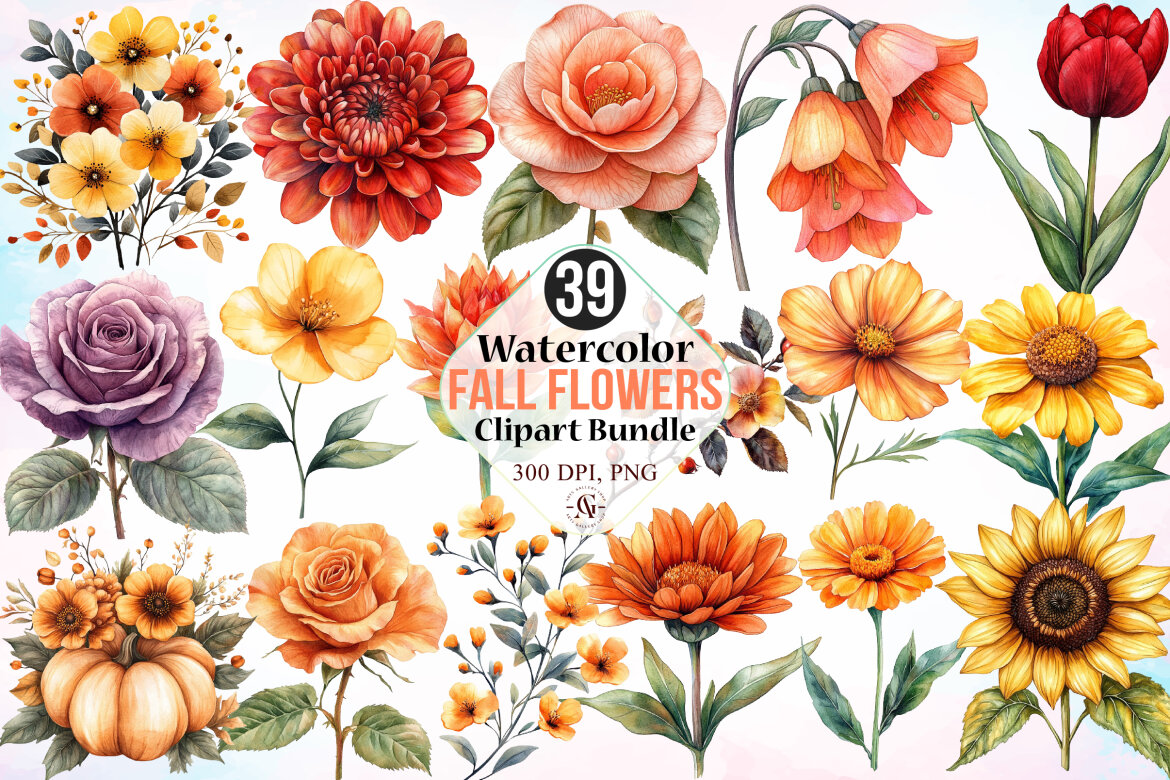 Watercolor Fall Flowers Clipart Bundle | Deeezy