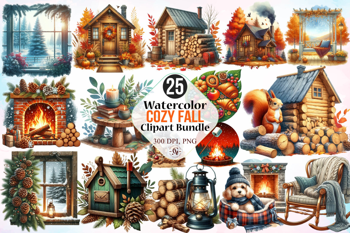 Watercolor Cozy Fall Clipart Bundle | Deeezy