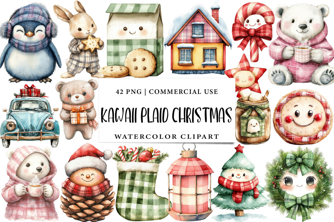 Kawaii Plaid Christmas Clipart Bundle | Deeezy