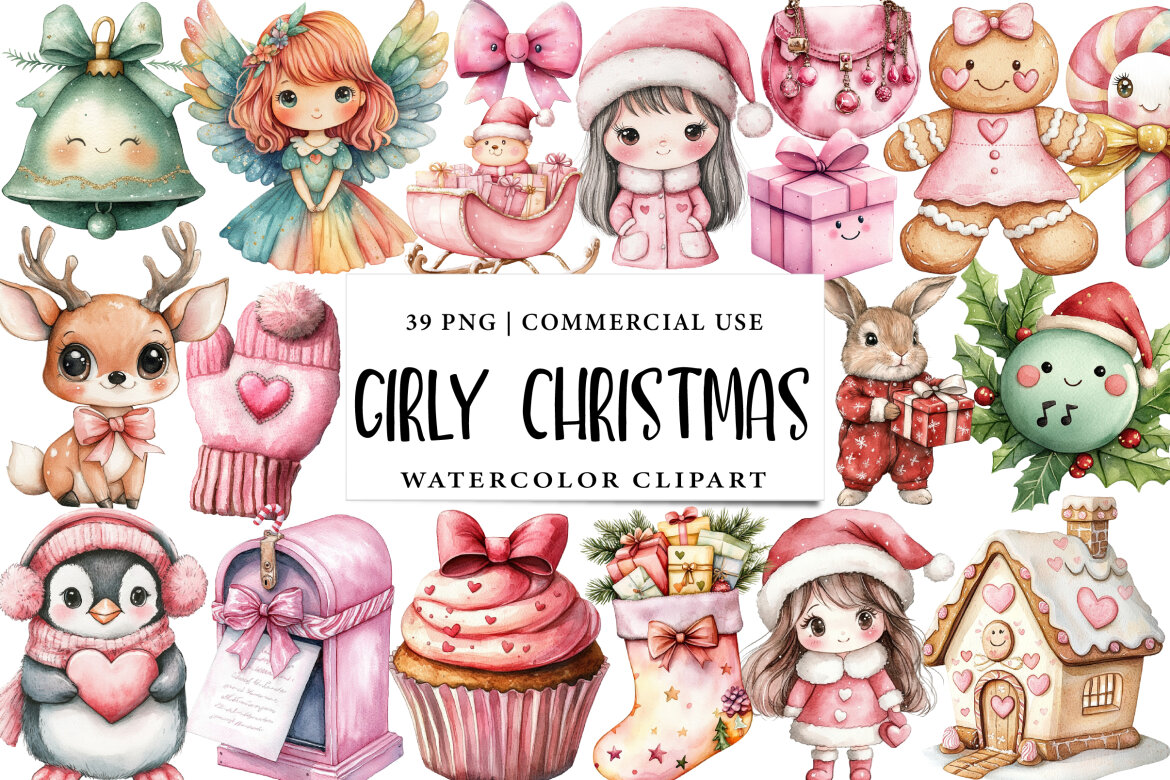 Kawaii Girly Christmas Clipart Bundle | Deeezy