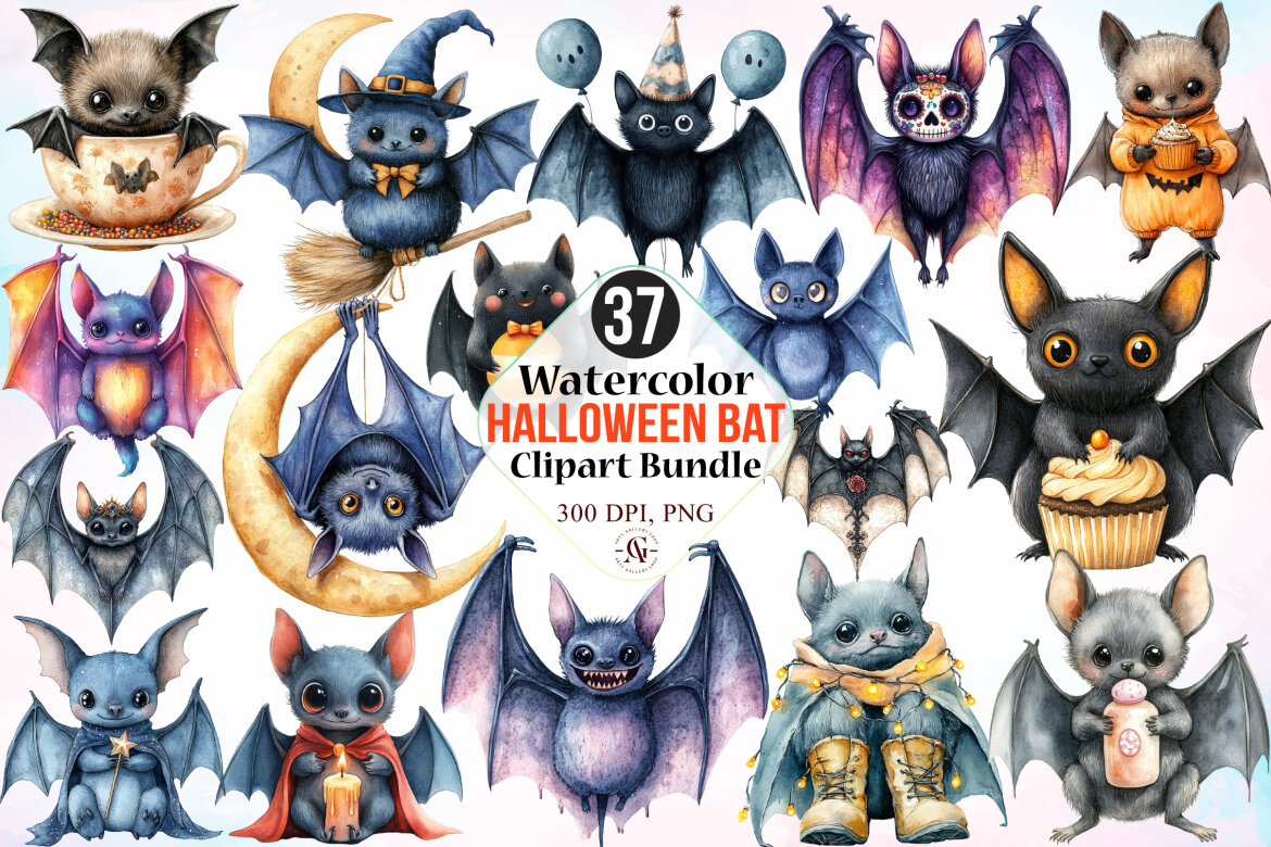 Watercolor Halloween Bat Clipart Bundle | Deeezy