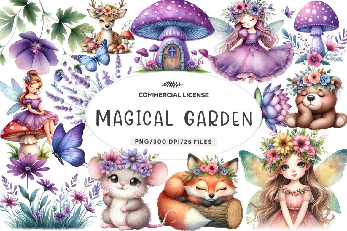Watercolor Magical Garden Purple Fairies | Deeezy