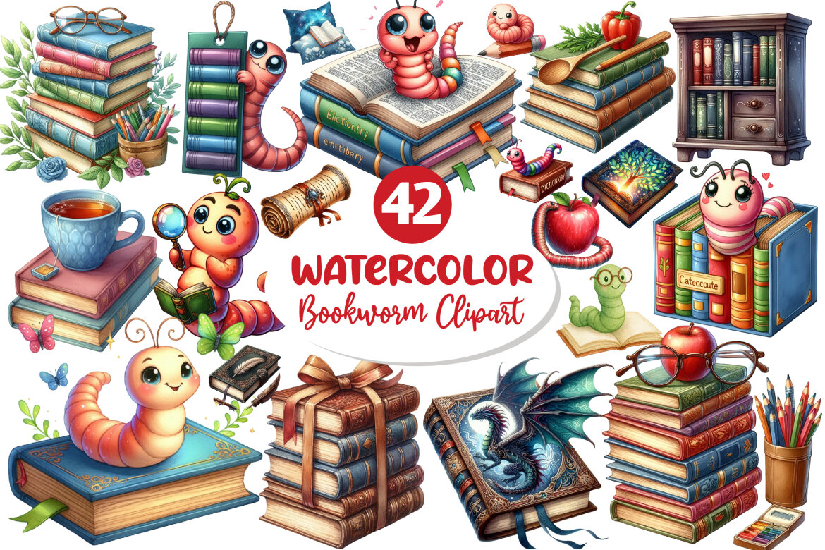 Bookworm Watercolor Clipart | Deeezy