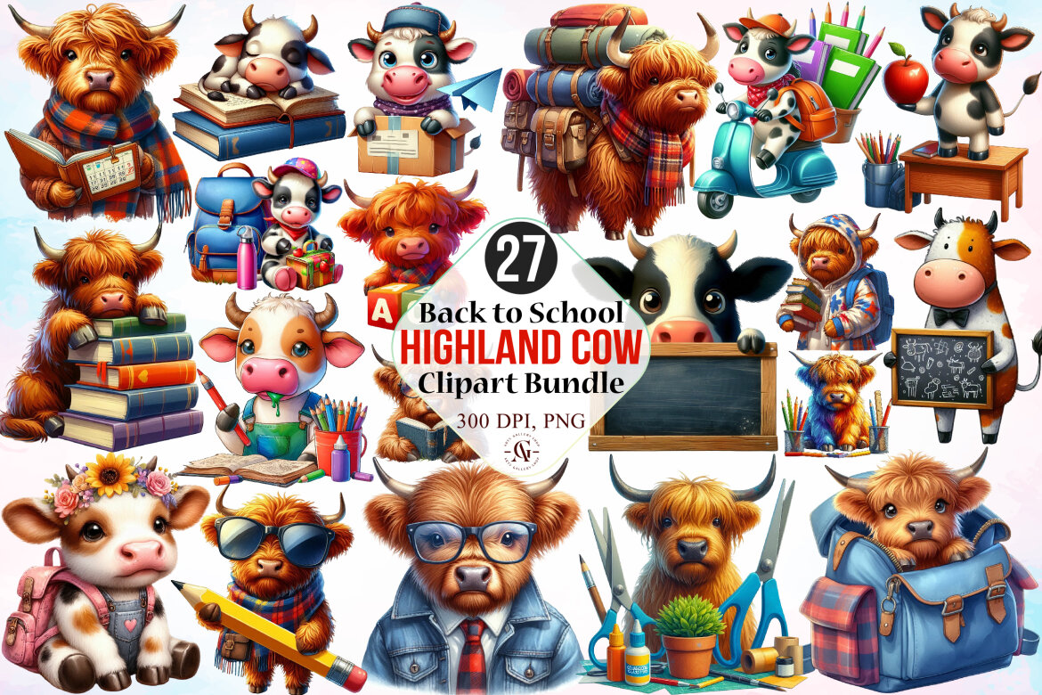 Back to School Highland Cow Clipart | Deeezy