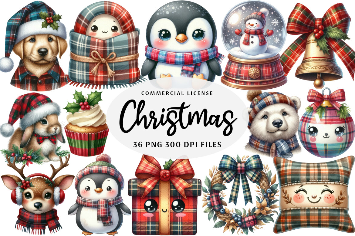 Kawaii Plaid Christmas Clipart Bundle | Deeezy