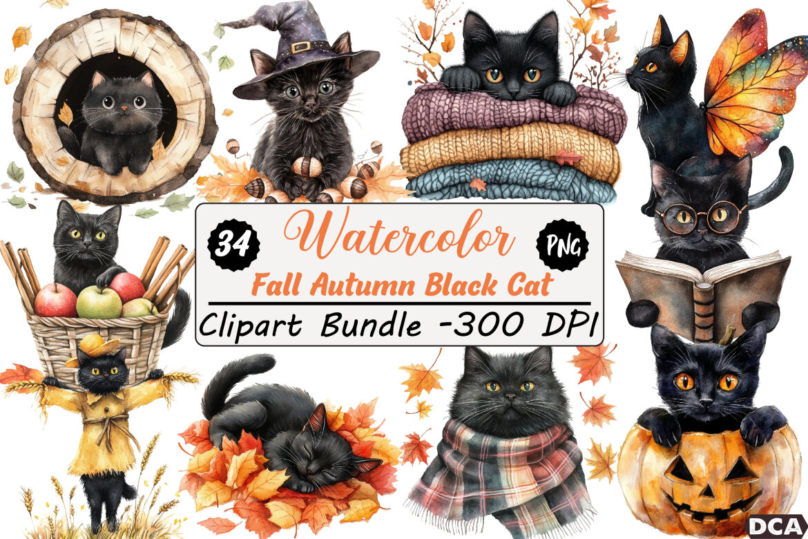 Fall Autumn Black Cat Clipart | Deeezy