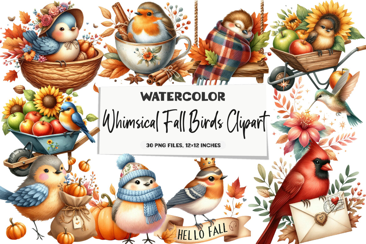 Whimsical Fall Birds Clipart | Deeezy