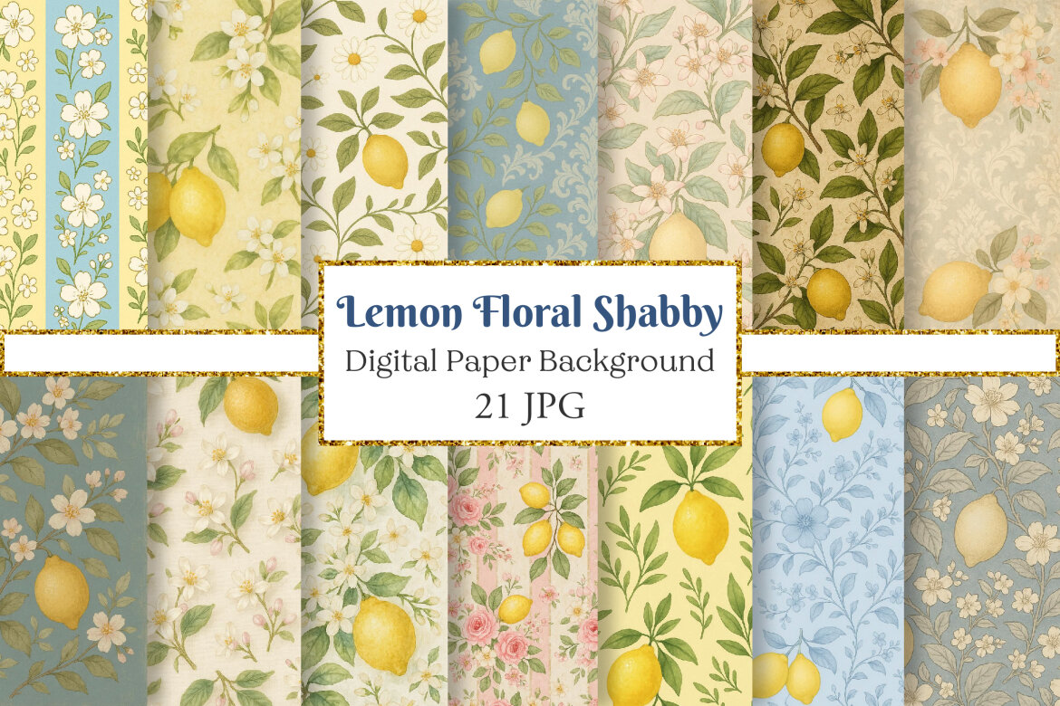 Lemon Floral Shabby Chic Digital Paper | Deeezy