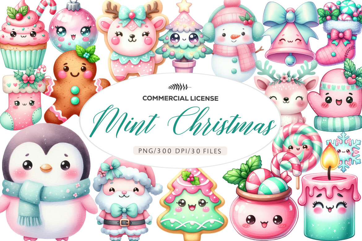 Kawaii Pink Mint Christmas Clipart | Deeezy