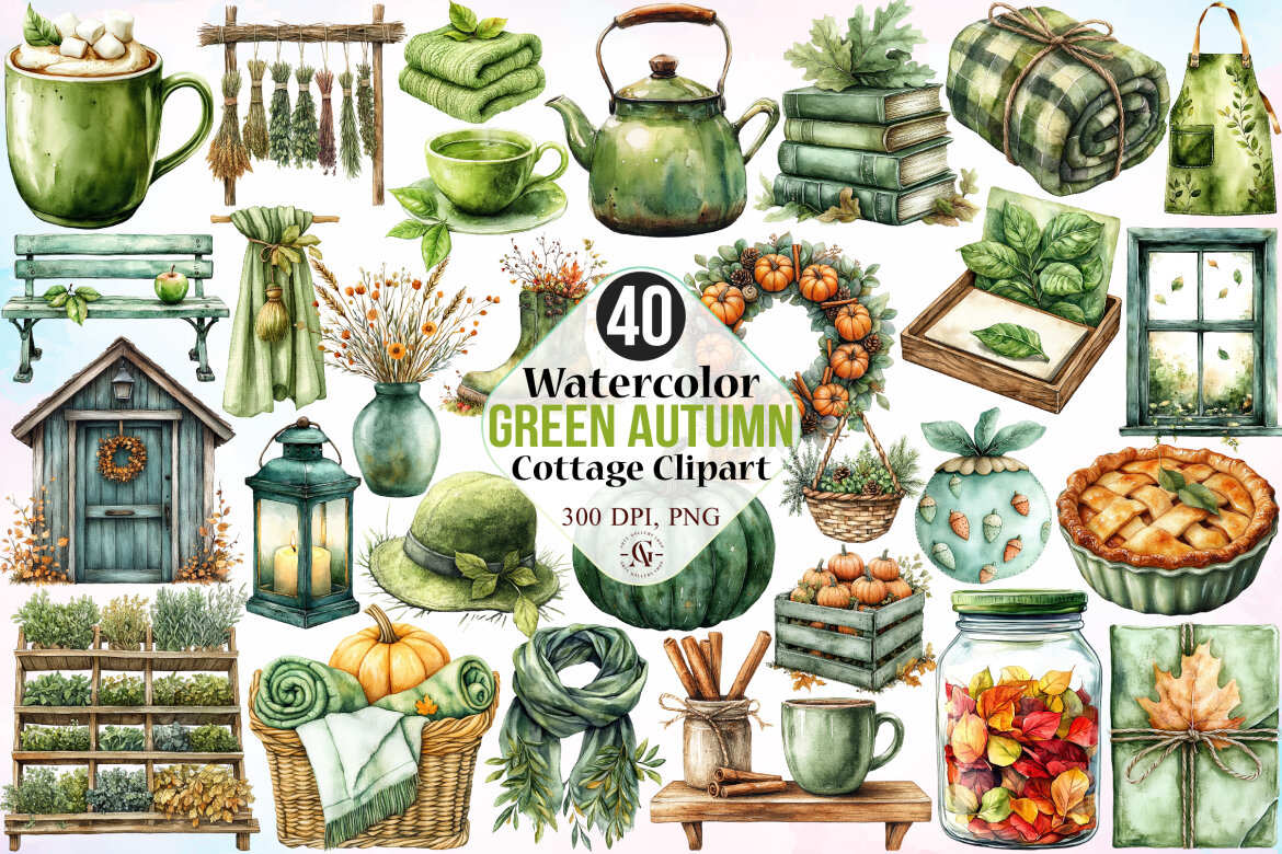 Watercolor Green Autumn Cottage Clipart | Deeezy