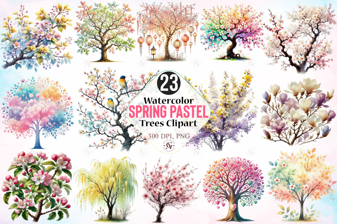 Watercolor Spring Pastel Trees | Deeezy