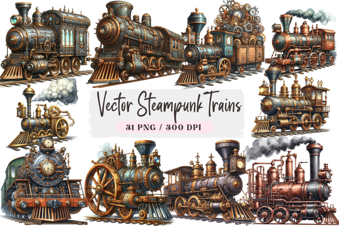 Watercolor Vector Steampunk Trains | Deeezy