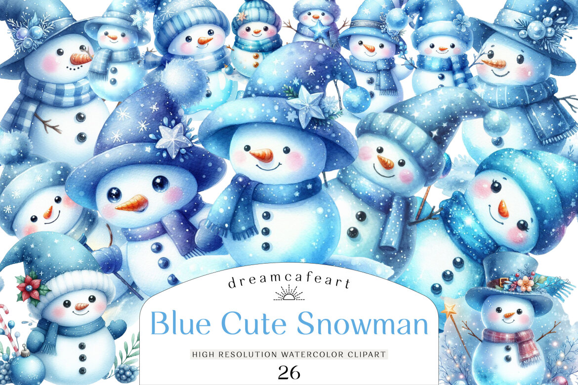 Watercolor Blue Cute Snowman Clipart | Deeezy