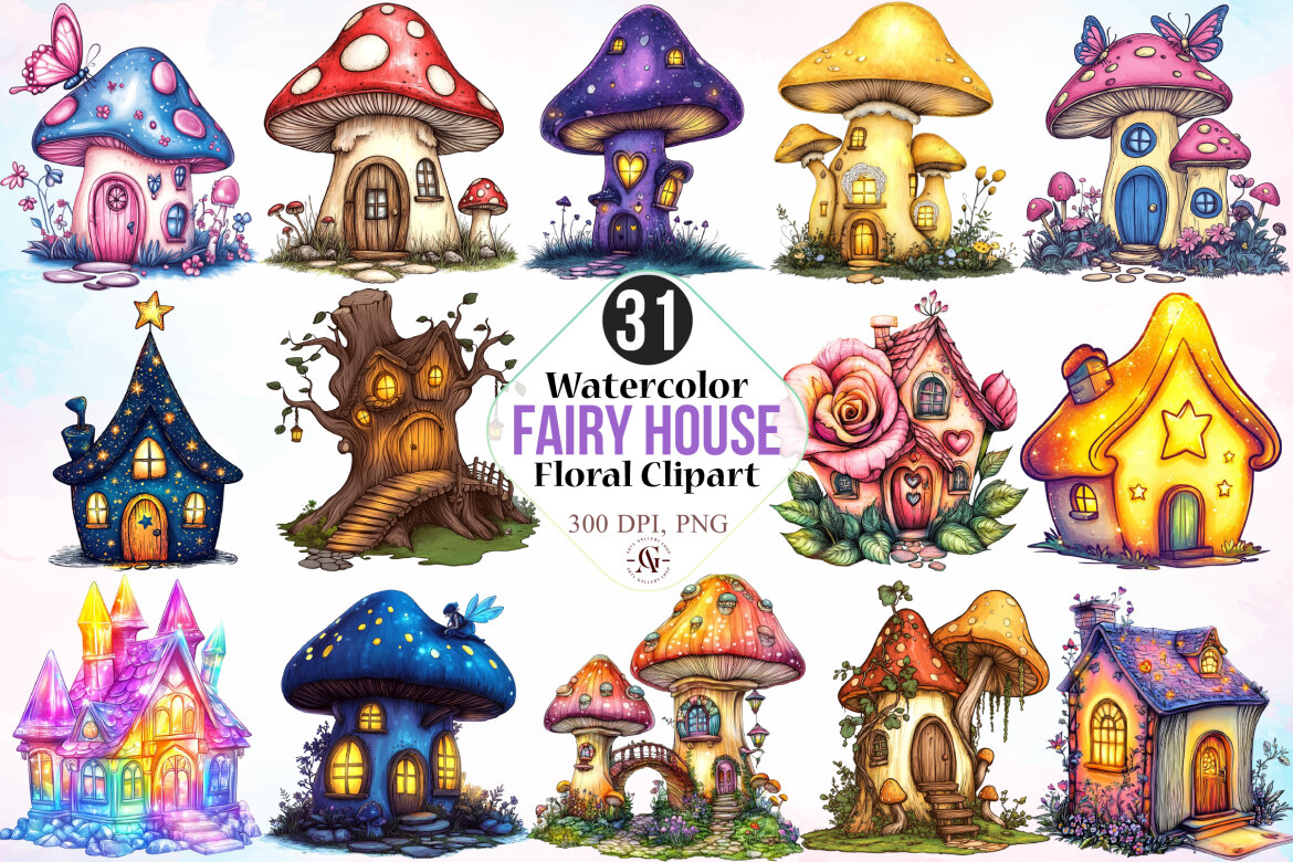 Watercolor Fairy House Clipart Bundle | Deeezy