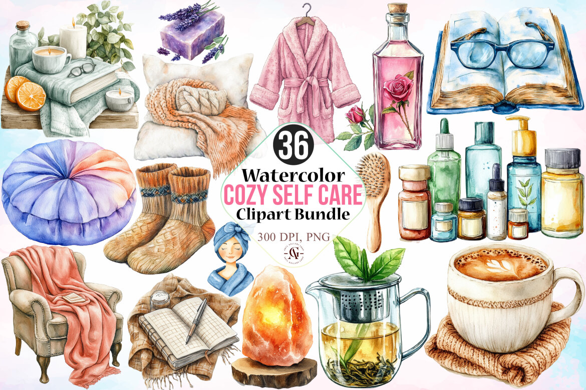 Watercolor Cozy Self Care Clipart Bundle | Deeezy