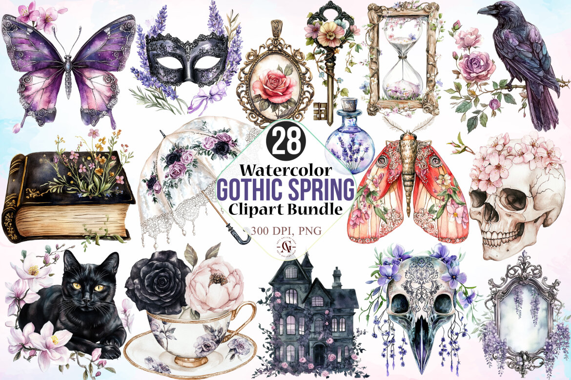 Watercolor Gothic Spring Clipart Bundle | Deeezy
