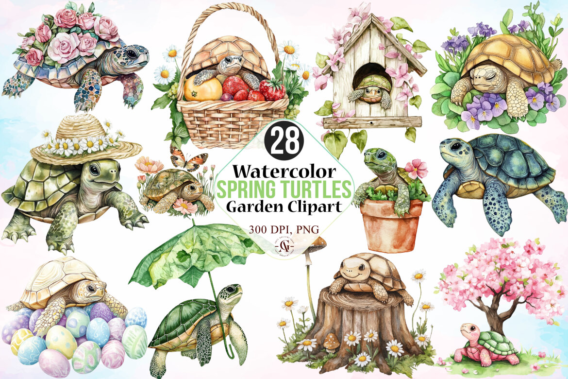 Watercolor Spring Turtles Garden Clipart | Deeezy