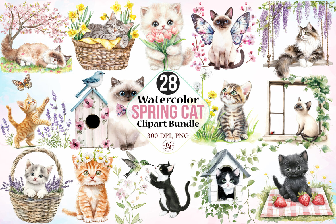 Watercolor Spring Cat Clipart Bundle | Deeezy
