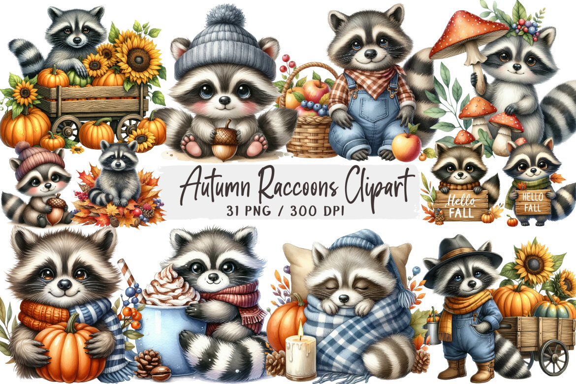 Autumn Raccoons Clipart | Deeezy