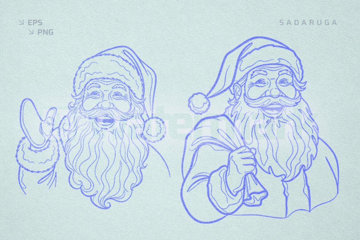 Set of Two Happy Santa Claus Line Art Vectors - Christmas and Holiday ...