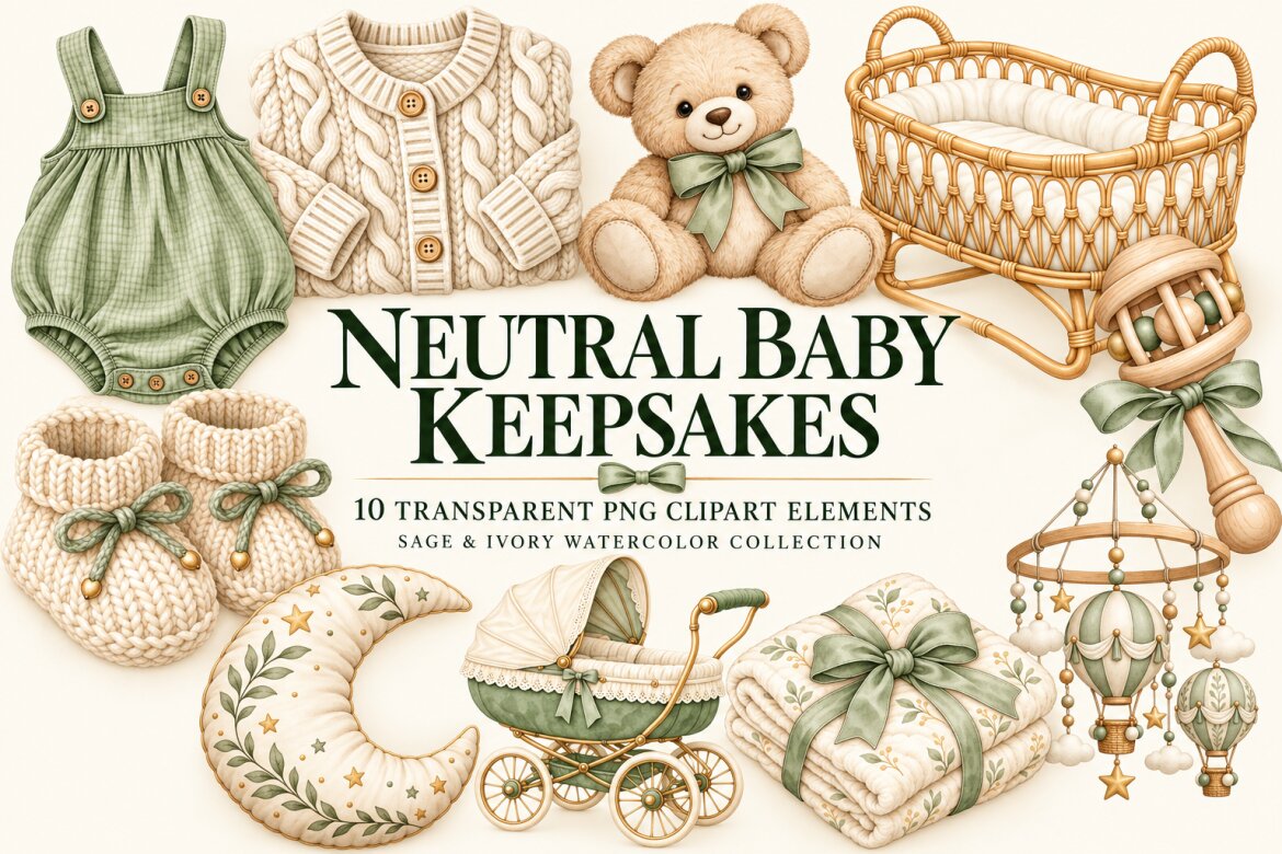 Neutral Baby Keepsakes Watercolor Clipart - 10 Transparent PNGs | Deeezy