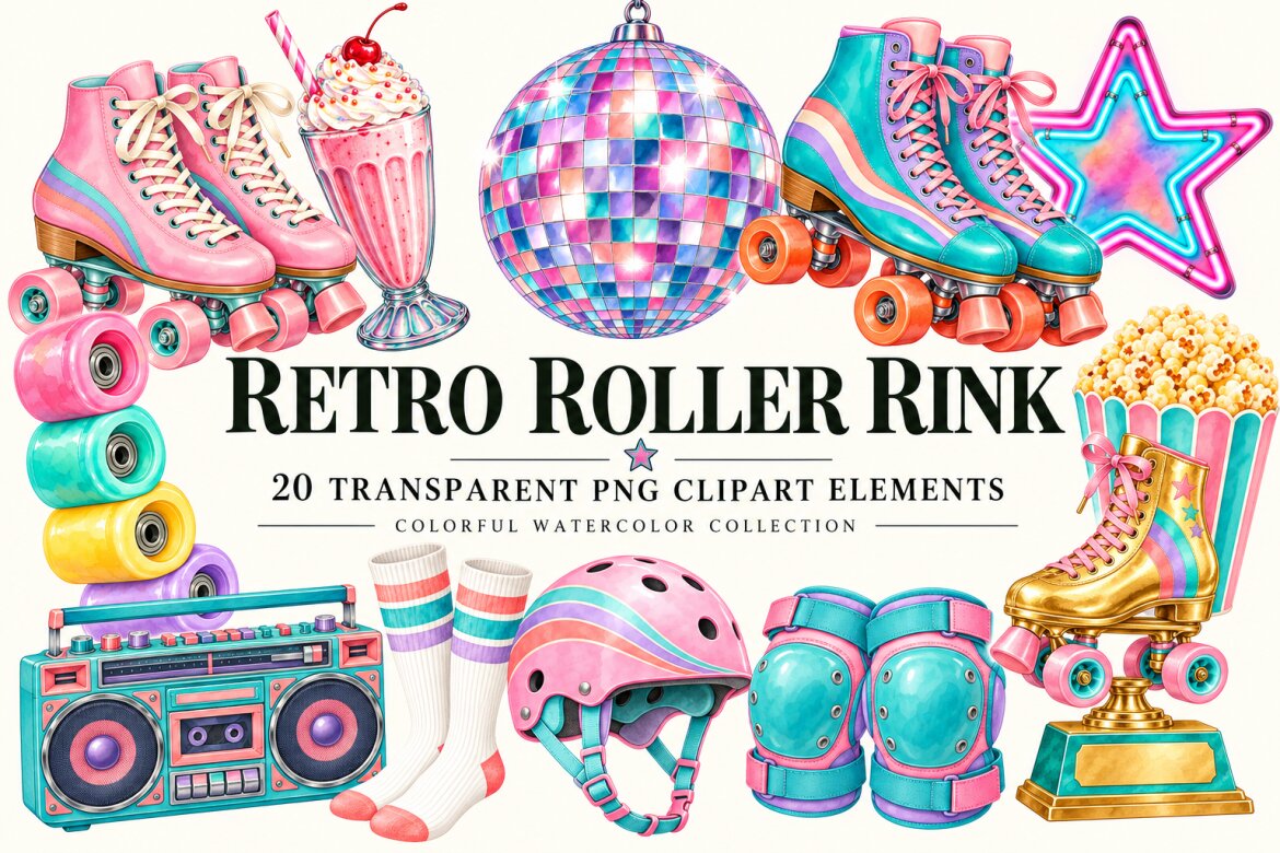 Retro Roller Rink Watercolor Clipart - 20 Transparent PNGs | Deeezy