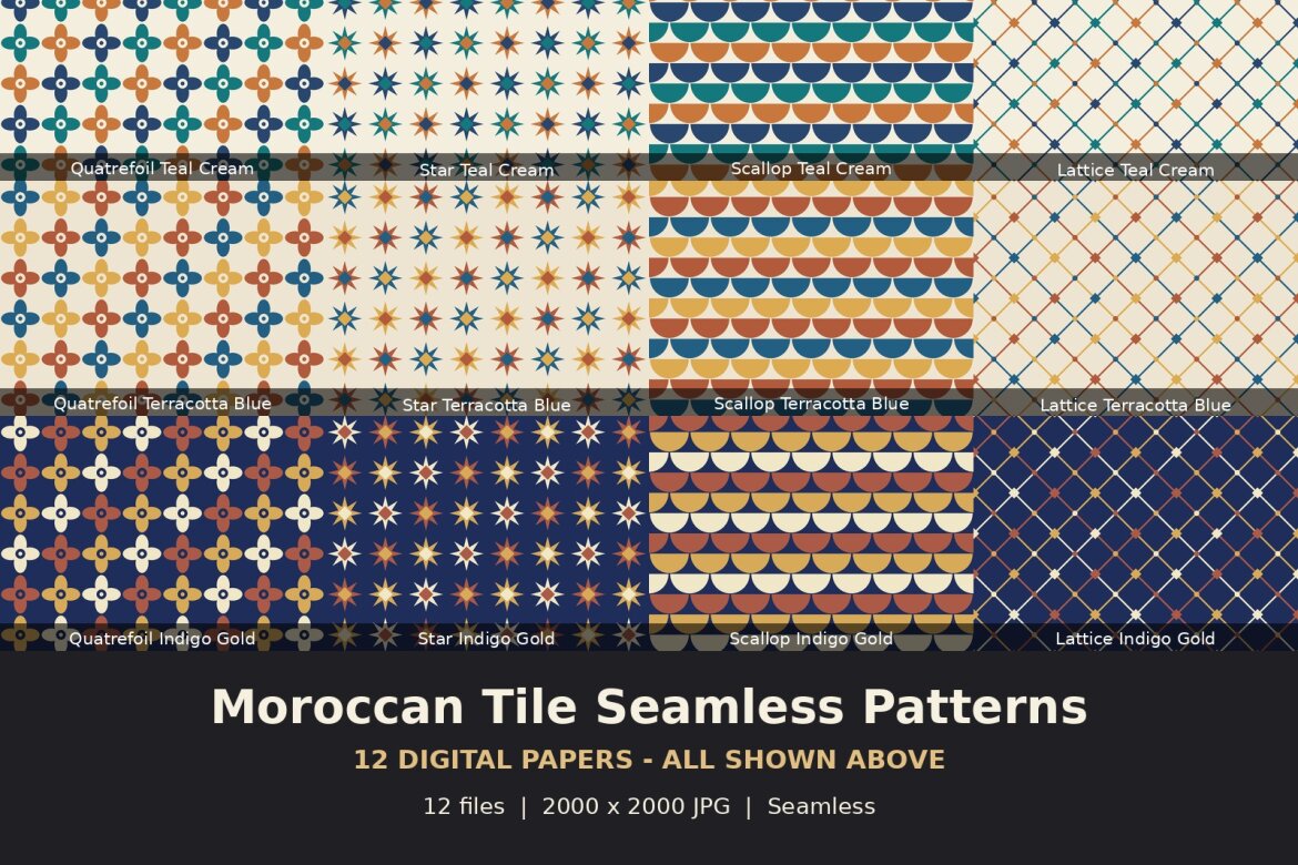 Moroccan Tile Seamless Patterns - 12 Digital Papers | Deeezy