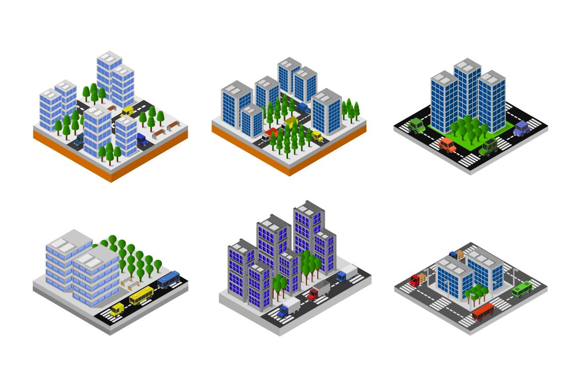 6 isometric buildings set - Appartment Block 3 | Deeezy