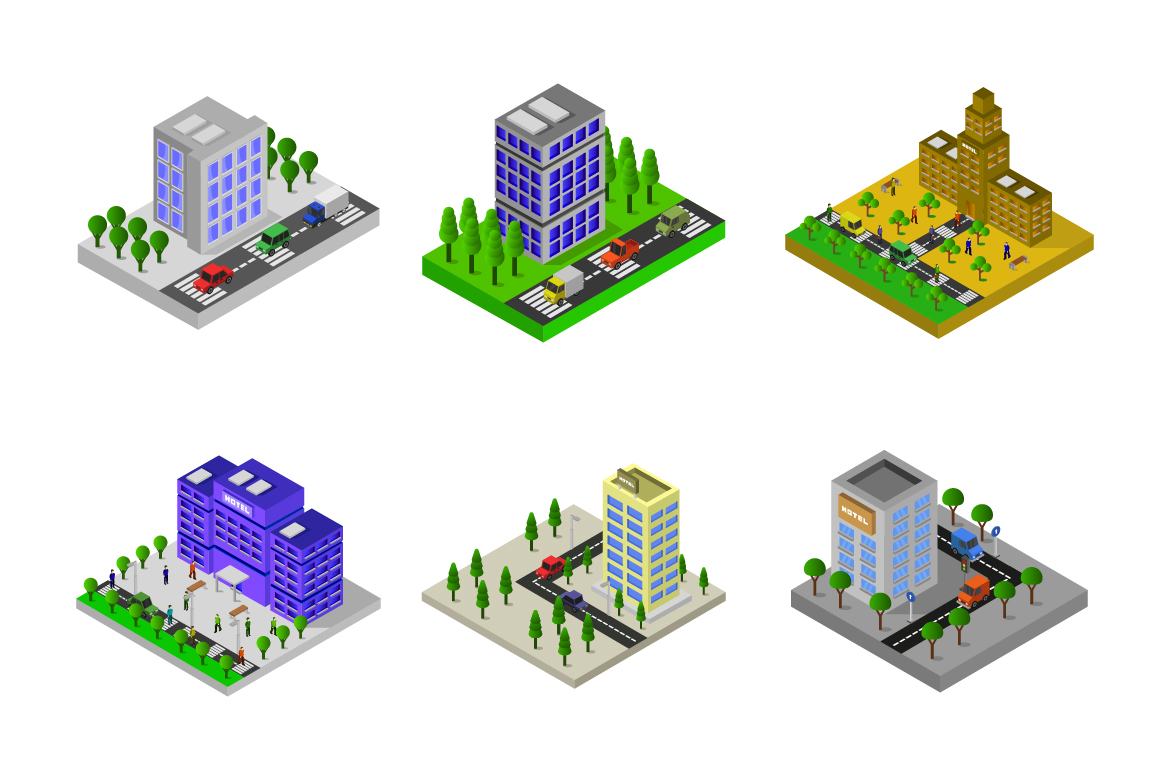 6 isometric buildings set - Hotel 1 | Deeezy