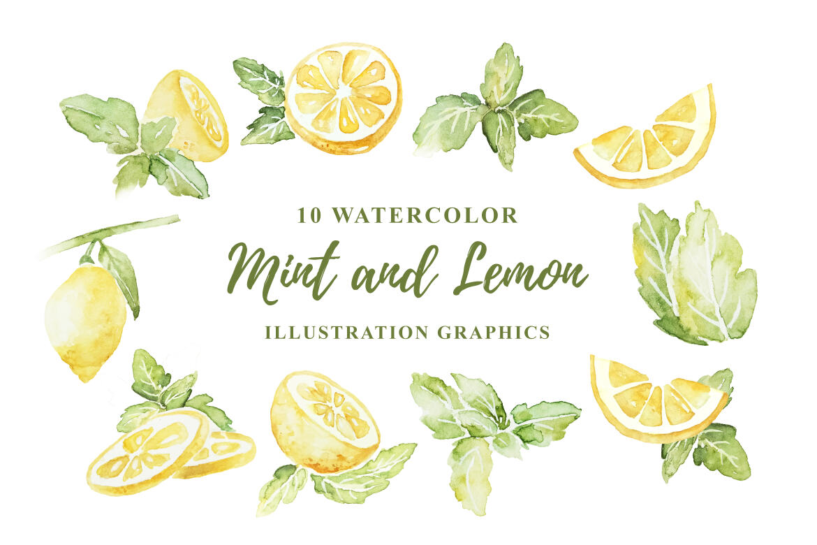 10 Watercolor Mint and Lemon Illustration Graphics | Deeezy