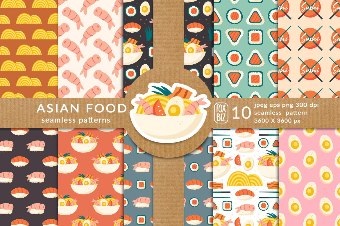 Asian food seamless patterns JPEG PNG EPS | Deeezy