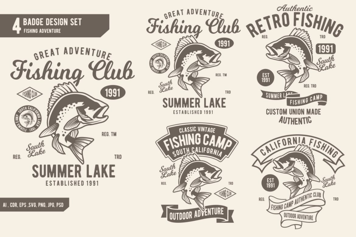 4 Fishing Adventure Badge Design Set | Deeezy