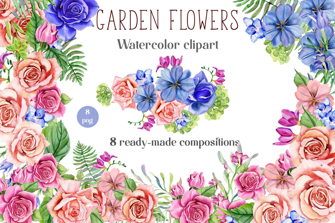 Watercolor Garden Flowers. Sublimation PNG | Deeezy