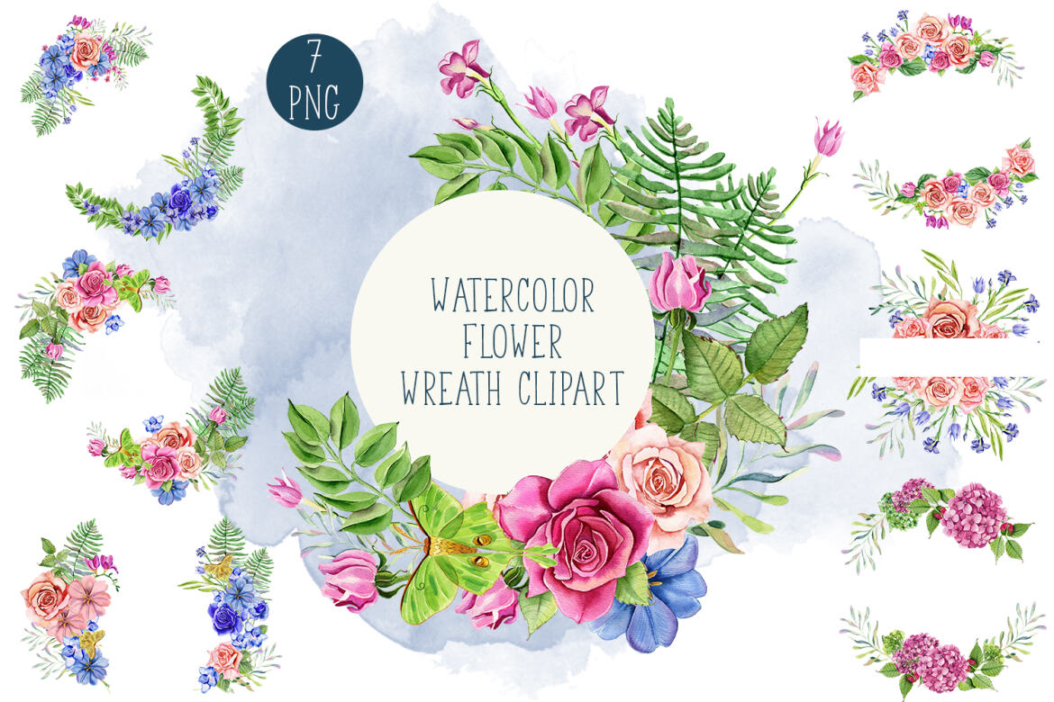 Watercolor flower wreath clipart | Deeezy