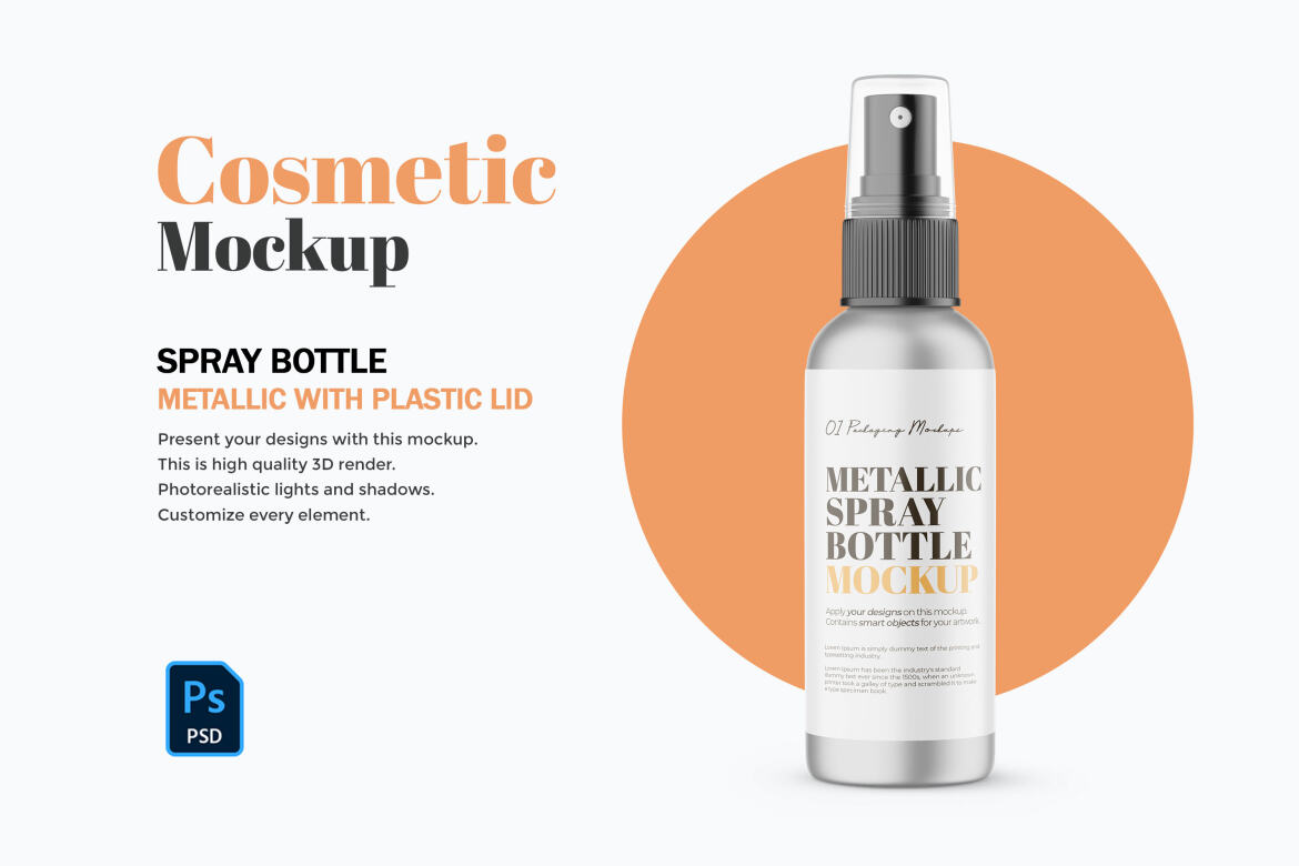 Metallic Spray Bottle - Cosmetic Product Mockup | Deeezy