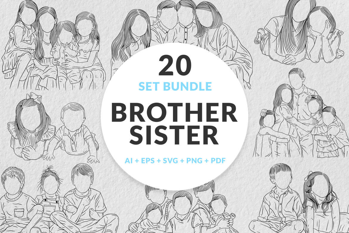 20 Set Bundle Happy Sibling Brother and Sister Kids Child Hand Drawn ...