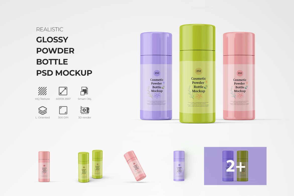 Glossy Finish Plastic Powder Bottle PSD Mockups | Deeezy