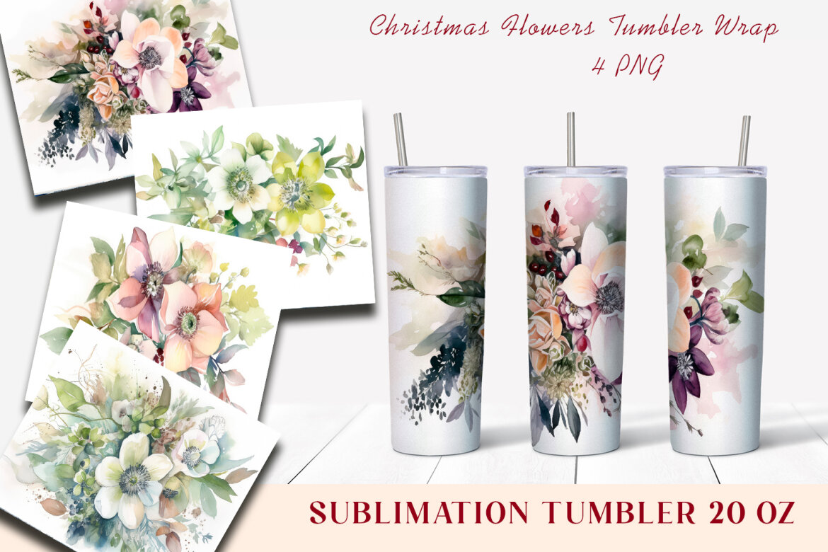 Christmas Flowers Tumbler Wrap, 20 oz Skinny Tumbler Png | Deeezy