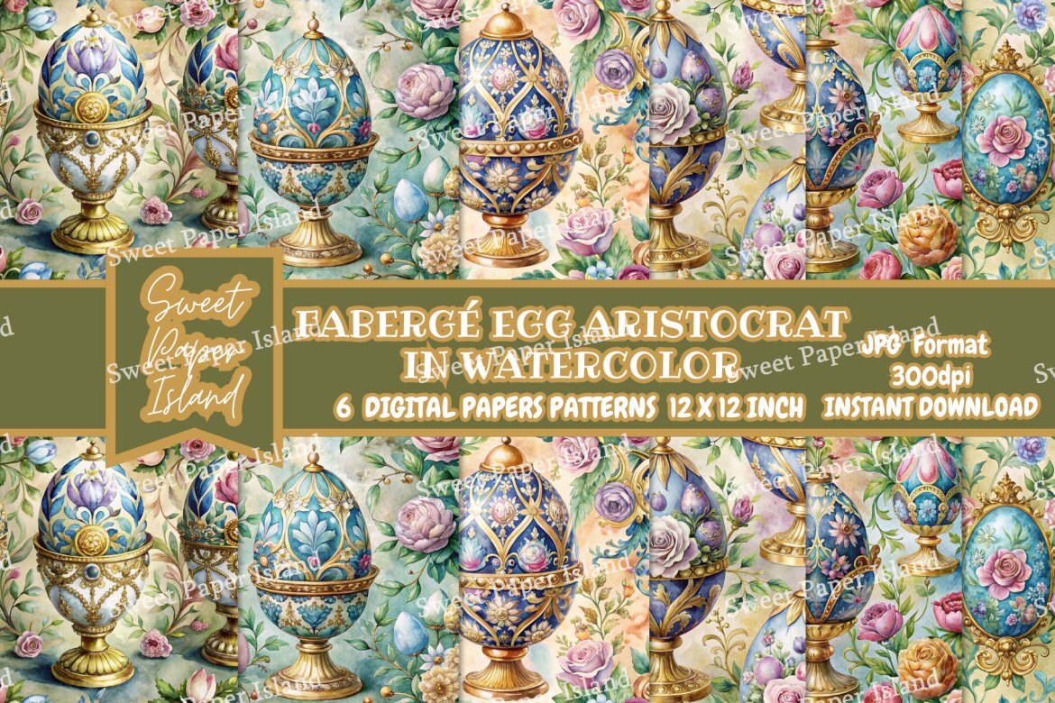 Set of 6 Digital Papers Patterns - Fabergé Egg Aristocrat In Watercolor ...