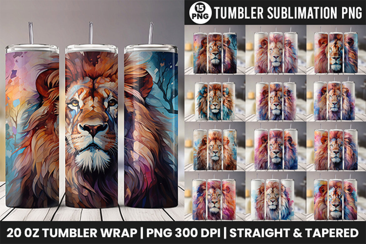 Watercolor Lion Tumbler Wrap PNG, Tumbler Sublimation Bundle | Deeezy