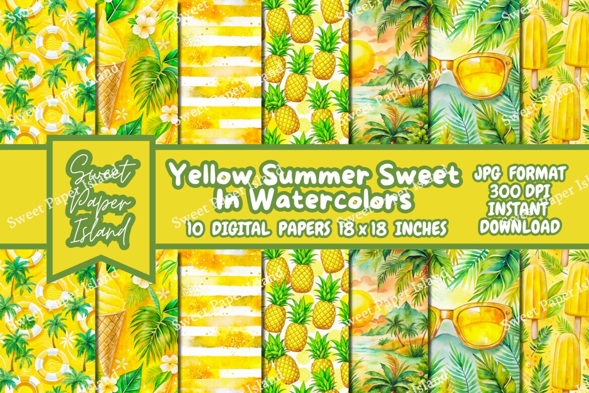 Pack Of 10 Digital Papers - Yellow Summer Sweet In Watercolors | Deeezy