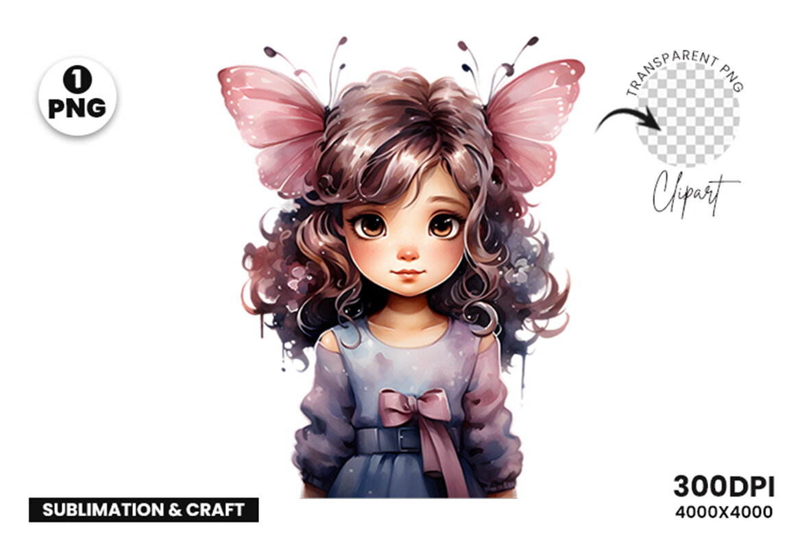 Watercolor Cute Butterfly Princess Sublimation Clipart PNG | Deeezy