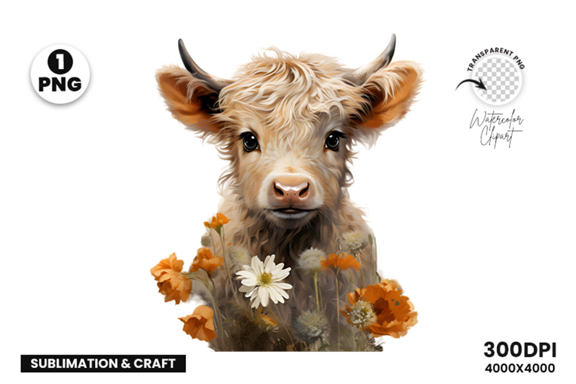 Watercolor Cute Baby Highland Cow Sublimation Clipart PNG | Deeezy