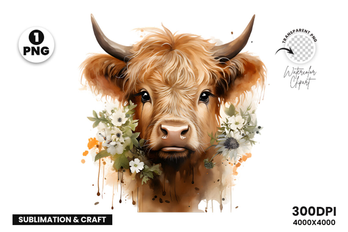 Watercolor Cute Baby Highland Cow Sublimation Clipart PNG | Deeezy