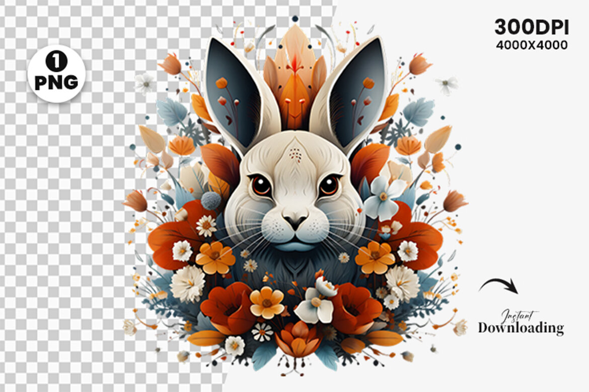 Easter Bunny surrounded by flowers Sublimation Clipart PNG | Deeezy