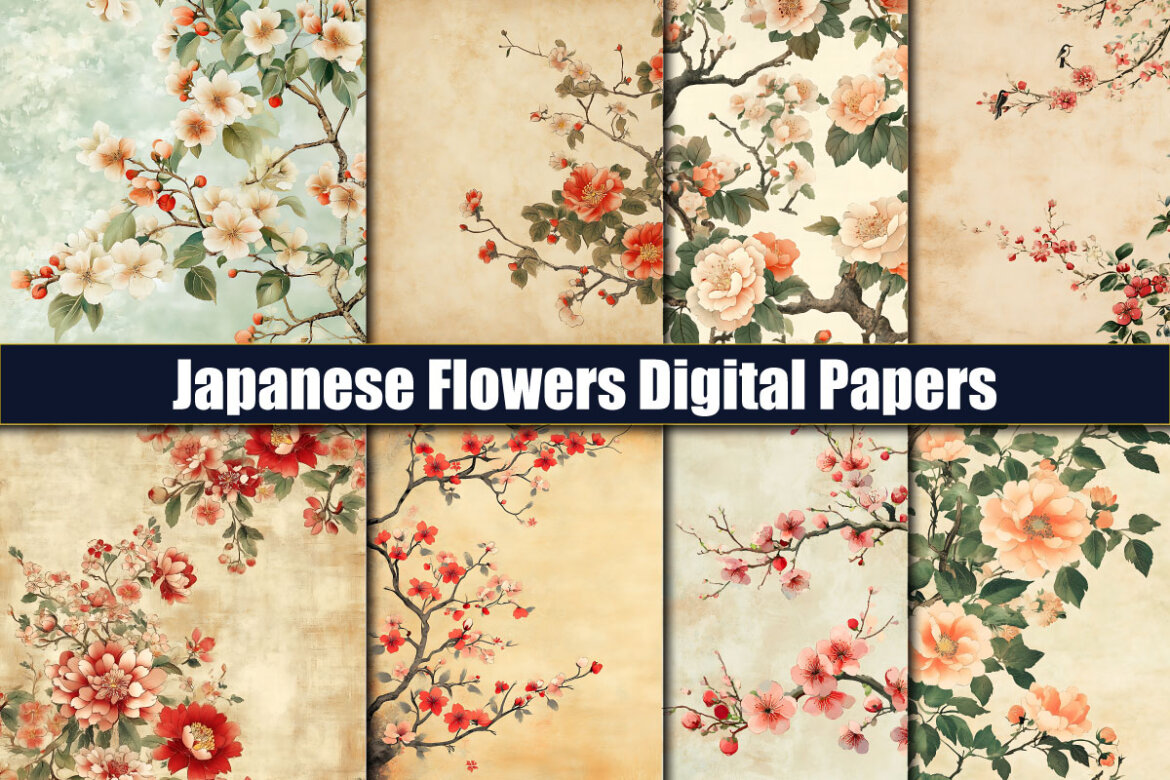 Japanese Flowers Digital Papers | Deeezy