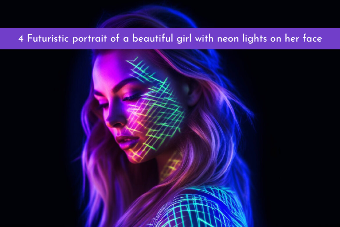 Futuristic portrait of a beautiful girl with neon lights on her face ...