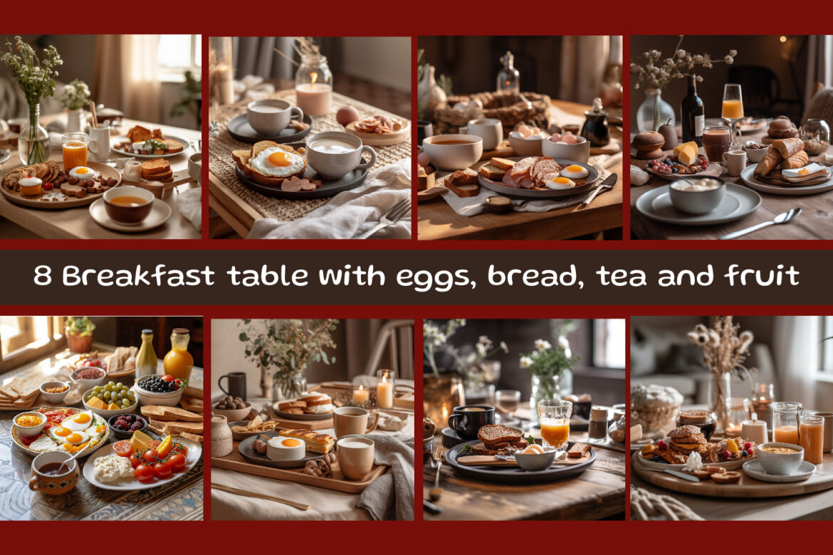 Breakfast table with eggs, bread, tea and fruit | Deeezy