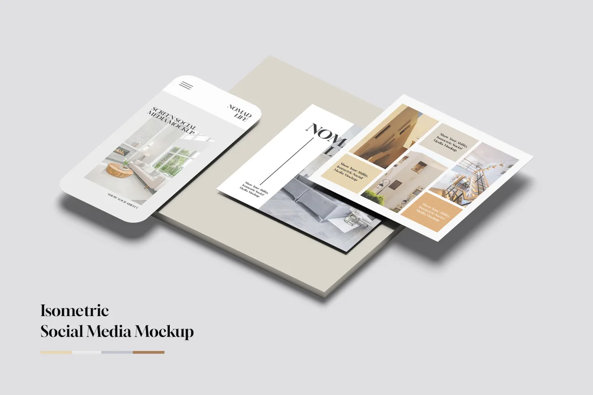 Free Isometric Social Media Mockup PSD, 3000x2000 px, Smart Object