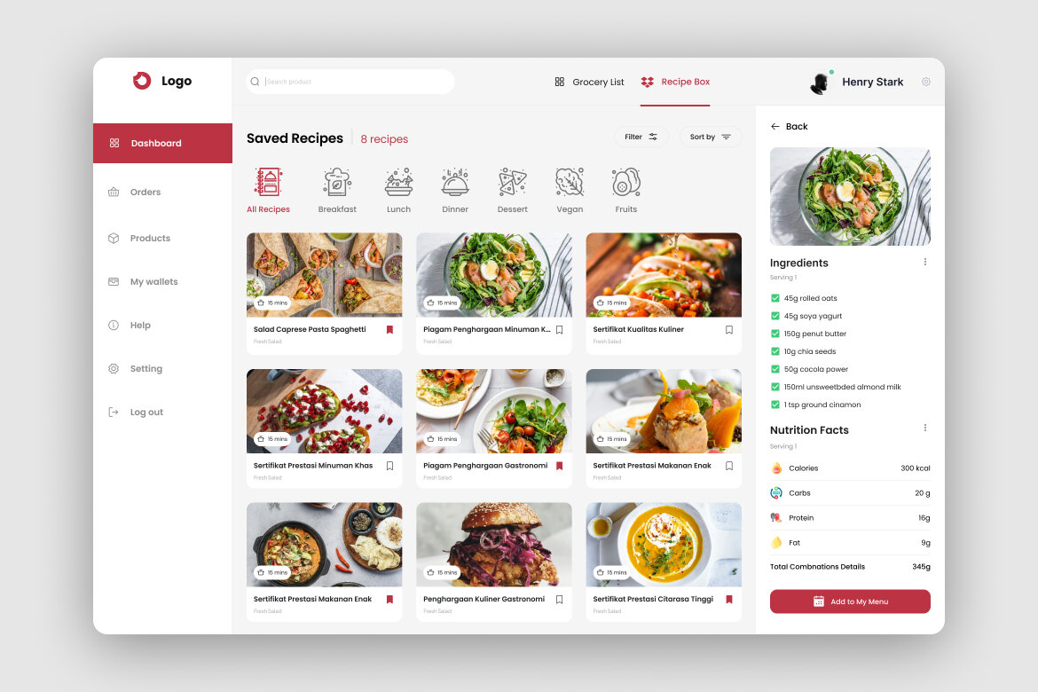 Food Recipes Dashboard Free UI Kit | Deeezy